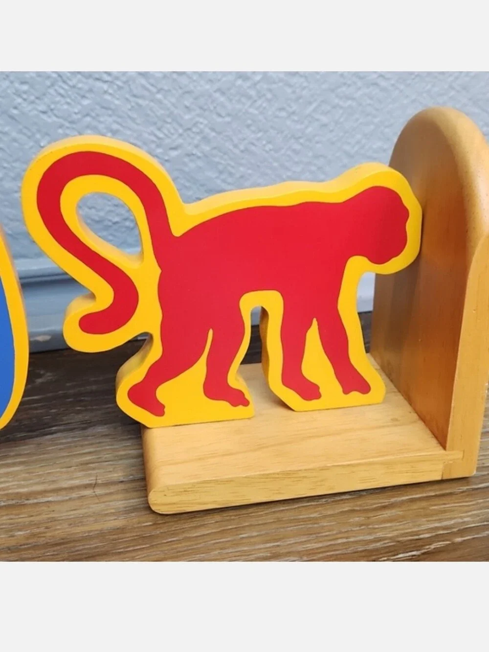 Crate & Barrel Wood Bookends Red Monkey Blue Elephant Yellow Gold